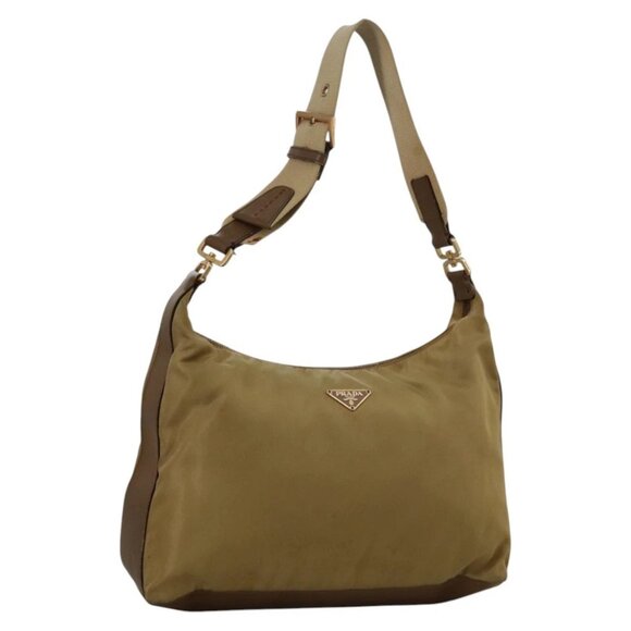 PRADA Shoulder Bag Nylon Leather Beige Gold Auth 99957 - Picture 1 of 16